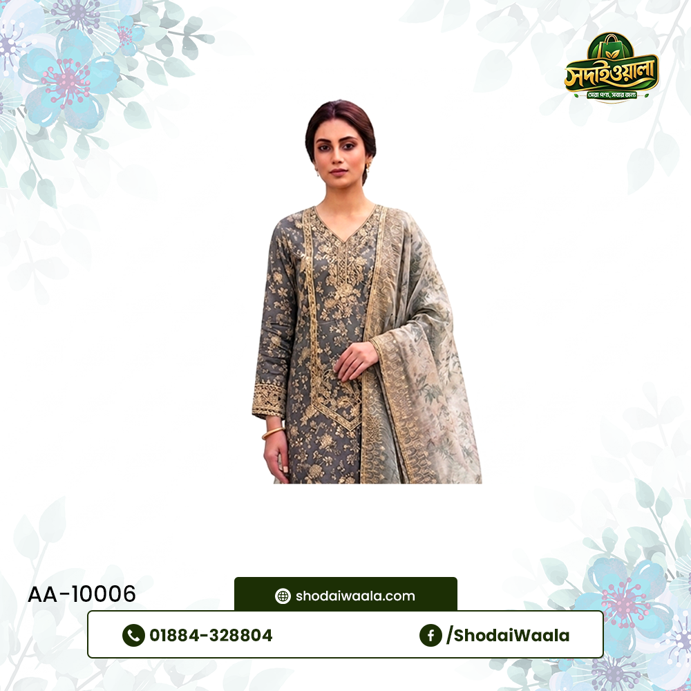Ash Black Unstitched 3 Piece Set AA-10006 made from 100% Pure Soft Cotton with Digital Print and Hand Designed Embroidery by ShodaiWaala