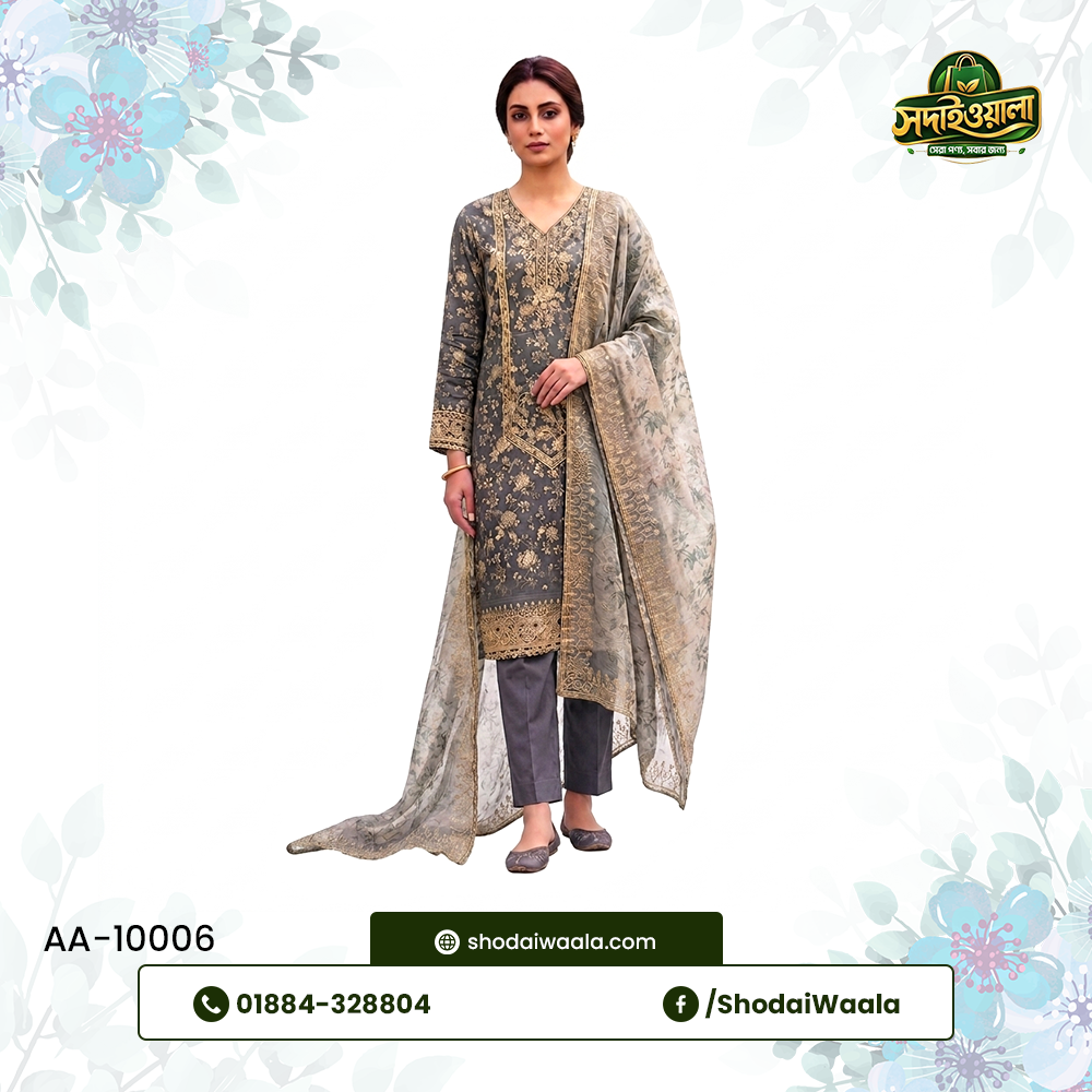 Ash Black Unstitched 3 Piece Set AA-10006 made from 100% Pure Soft Cotton with Digital Print and Hand Designed Embroidery by ShodaiWaala