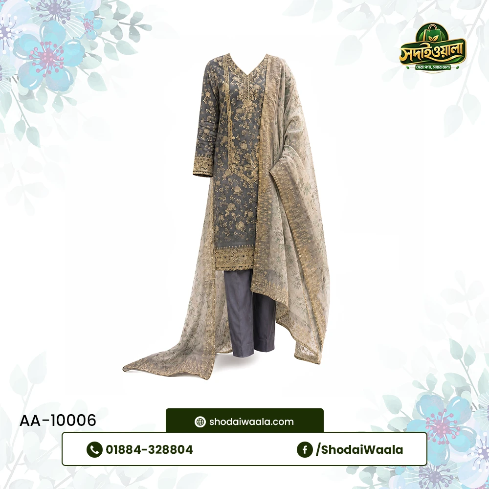 Ash Black Unstitched 3 Piece Set AA-10006 made from 100% Pure Soft Cotton with Digital Print and Hand Designed Embroidery by ShodaiWaala