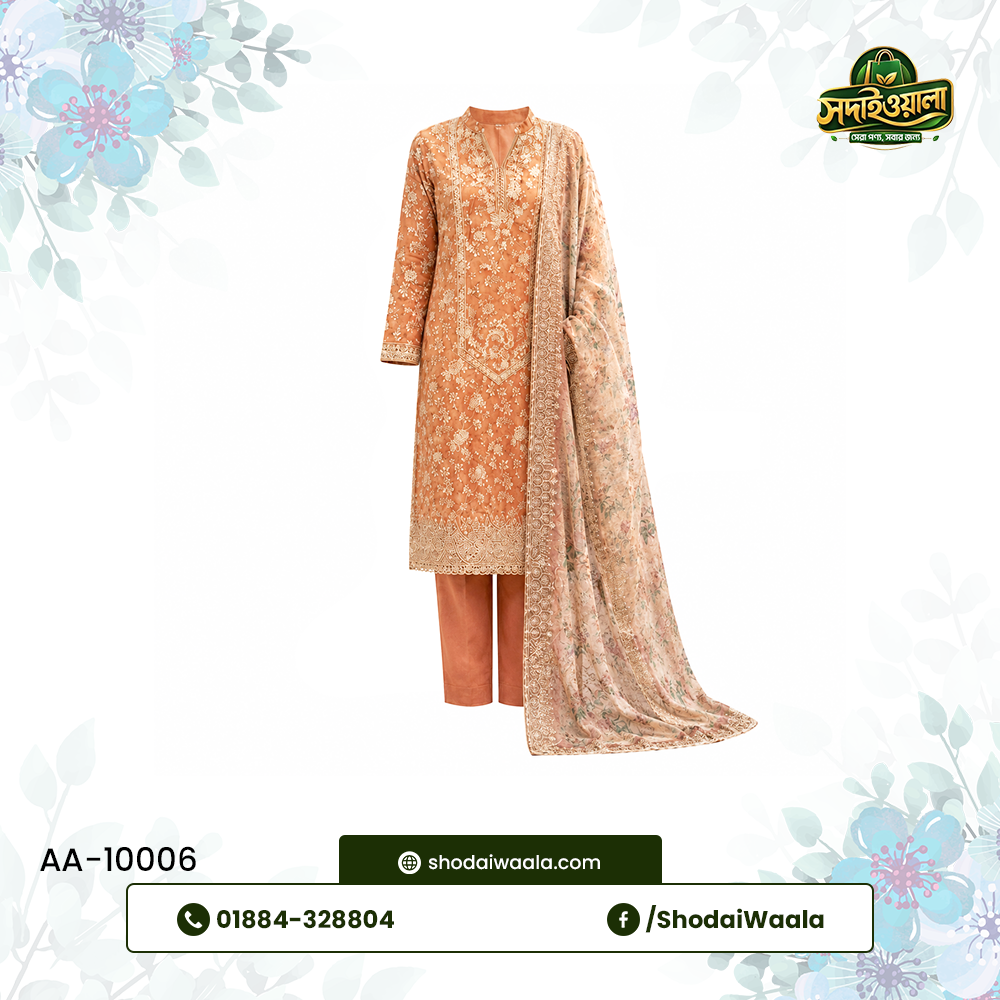 Orange Unstitched 3 Piece Set AA-10006 made from 100% Pure Soft Cotton with Digital Print and Hand Designed Embroidery by ShodaiWaala