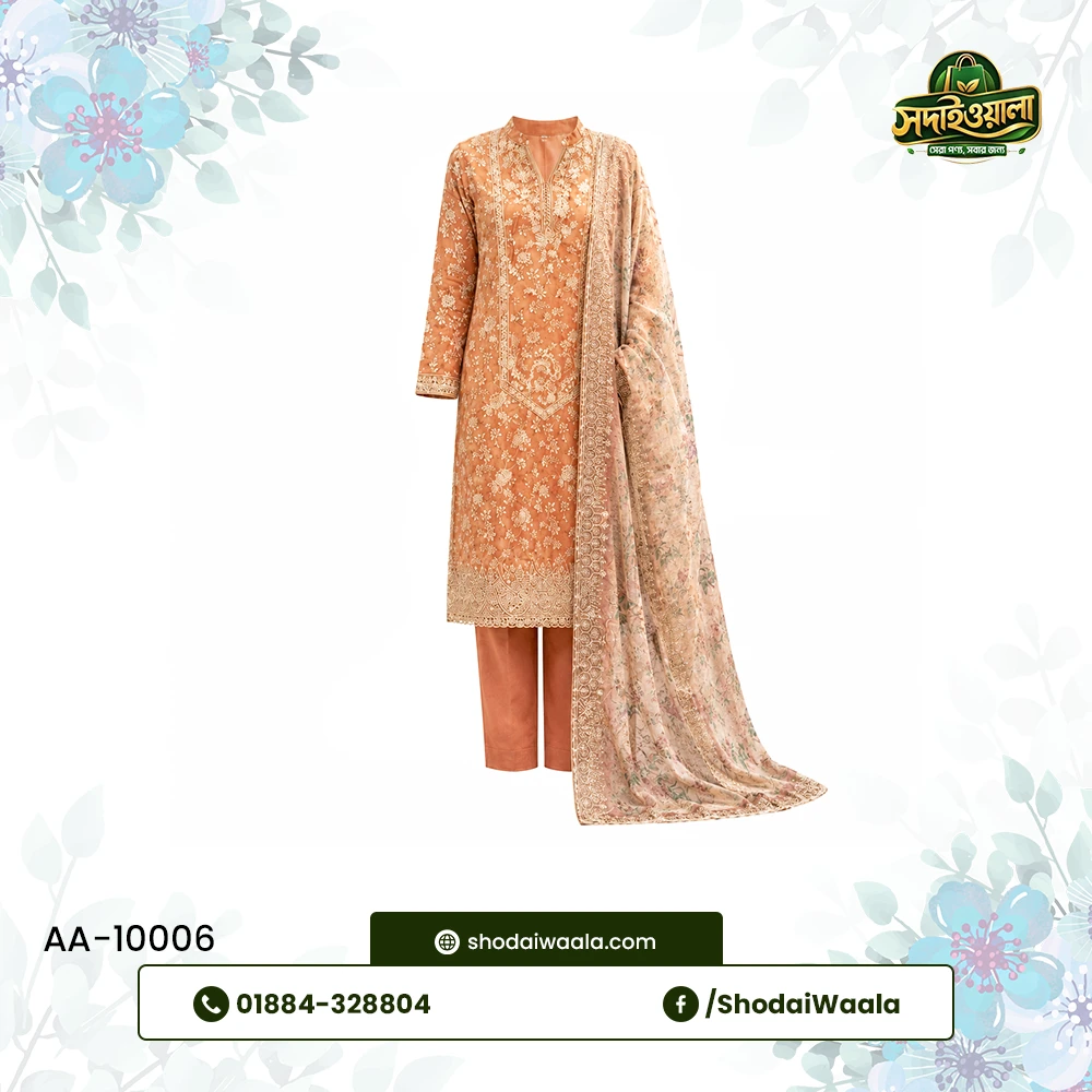 Orange Unstitched 3 Piece Set AA-10006 made from 100% Pure Soft Cotton with Digital Print and Hand Designed Embroidery by ShodaiWaala