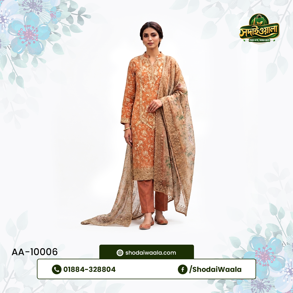 Orange Unstitched 3 Piece Set AA-10006 made from 100% Pure Soft Cotton with Digital Print and Hand Designed Embroidery by ShodaiWaala