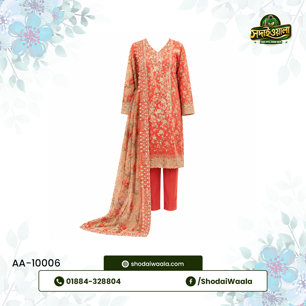Sunrise Orange Unstitched 3 Piece Set AA-10006 made from 100% Pure Soft Cotton with Digital Print and Hand Designed Embroidery by ShodaiWaala