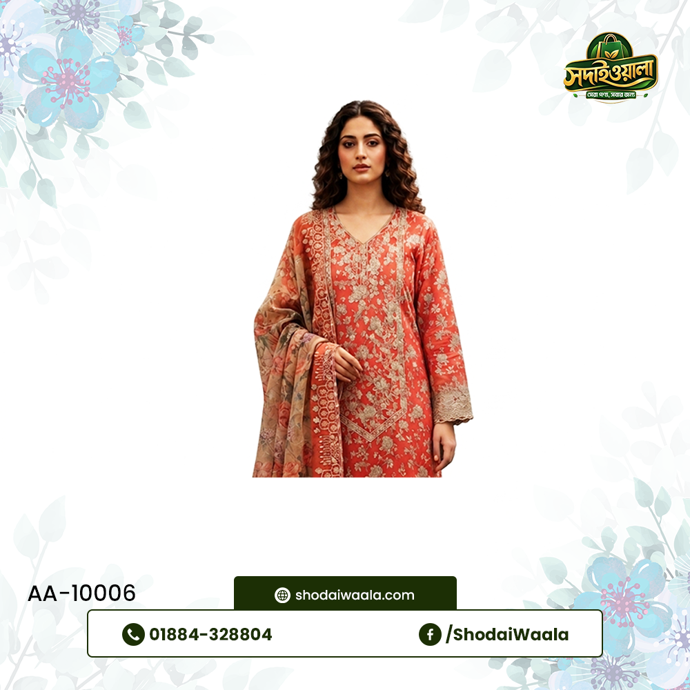 Sunrise Orange Unstitched 3 Piece Set AA-10006 made from 100% Pure Soft Cotton with Digital Print and Hand Designed Embroidery by ShodaiWaala