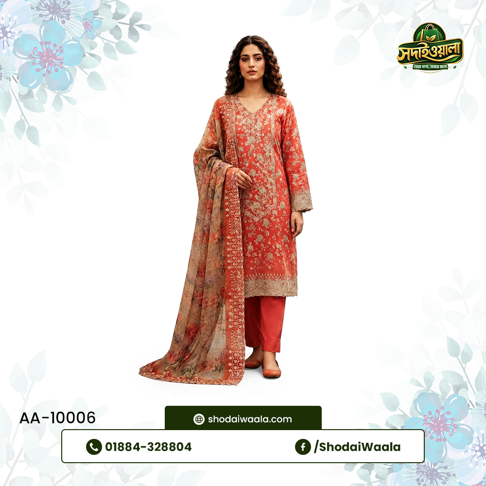 Sunrise Orange Unstitched 3 Piece Set AA-10006 made from 100% Pure Soft Cotton with Digital Print and Hand Designed Embroidery by ShodaiWaala