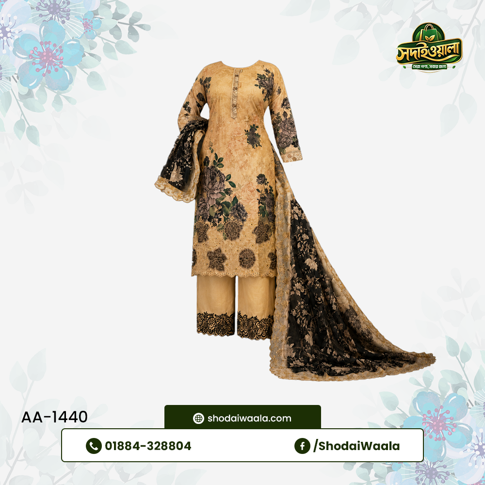 Black Unstitched 3 Piece Set AA-1440 made from 100% Pure Soft Cotton with Digital Print and Hand Designed Embroidery by ShodaiWaala