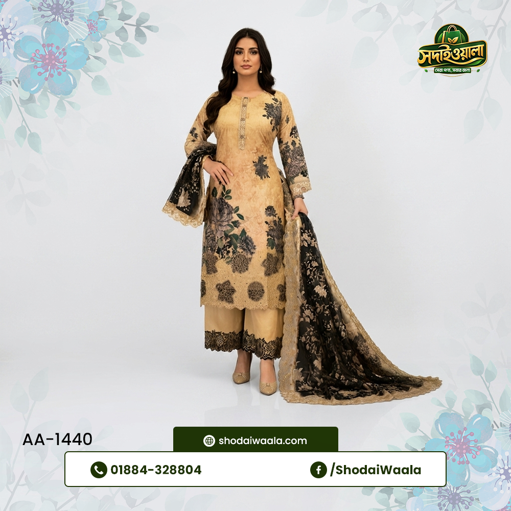 Black Unstitched 3 Piece Set AA-1440 made from 100% Pure Soft Cotton with Digital Print and Hand Designed Embroidery by ShodaiWaala