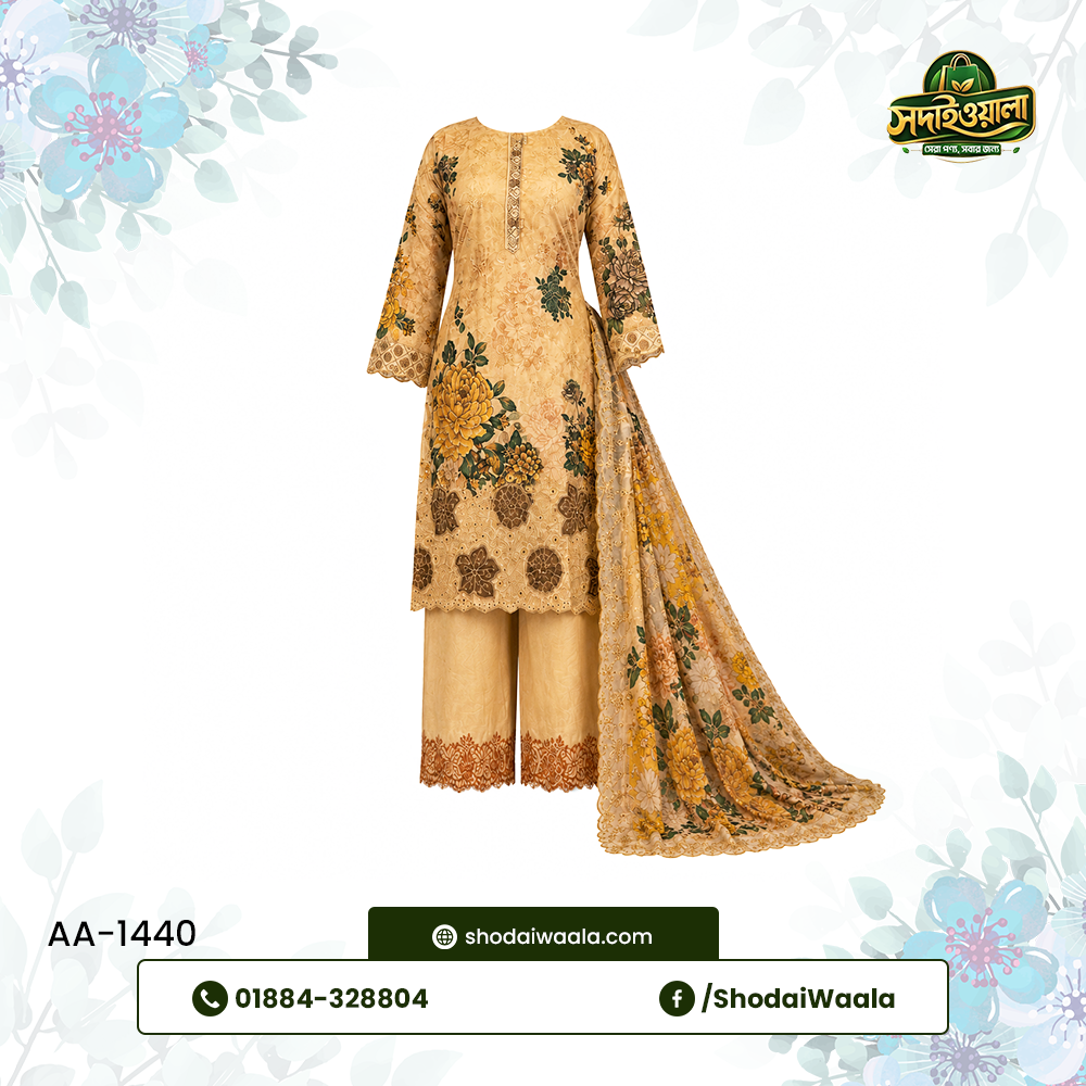 Yellow Unstitched 3 Piece Set AA-1440 made from 100% Pure Soft Cotton with Digital Print and Hand Designed Embroidery by ShodaiWaala