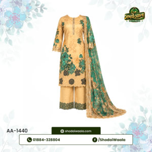 Green Unstitched 3 Piece Set AA-1440 made from 100% Pure Soft Cotton with Digital Print and Hand Designed Embroidery by ShodaiWaala