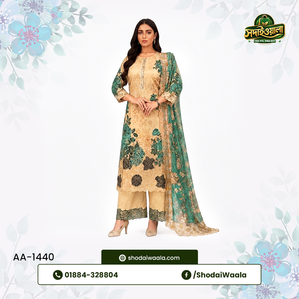 Green Unstitched 3 Piece Set AA-1440 made from 100% Pure Soft Cotton with Digital Print and Hand Designed Embroidery by ShodaiWaala
