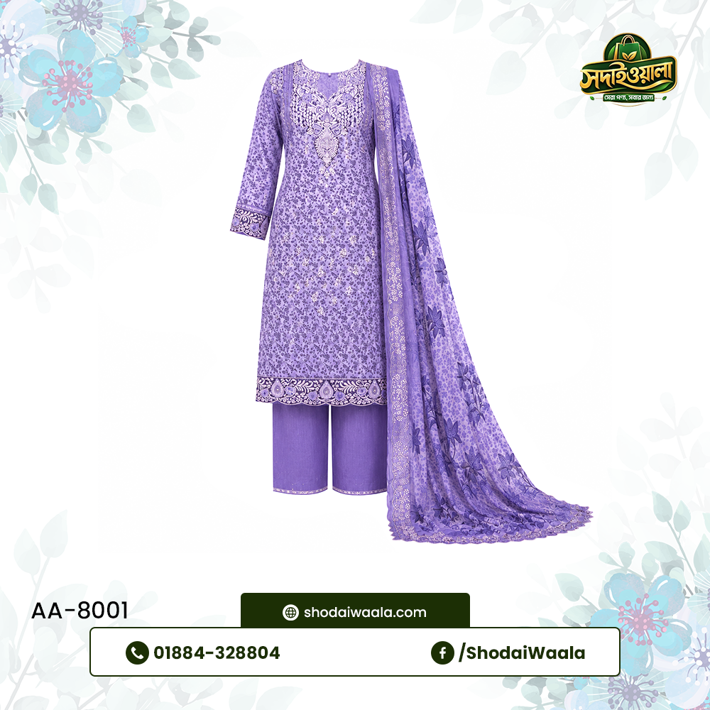 Violet Unstitched 3 Piece Set AA-8001 made from 100% Pure Soft Cotton with Digital Print and Hand Designed Embroidery by ShodaiWaala