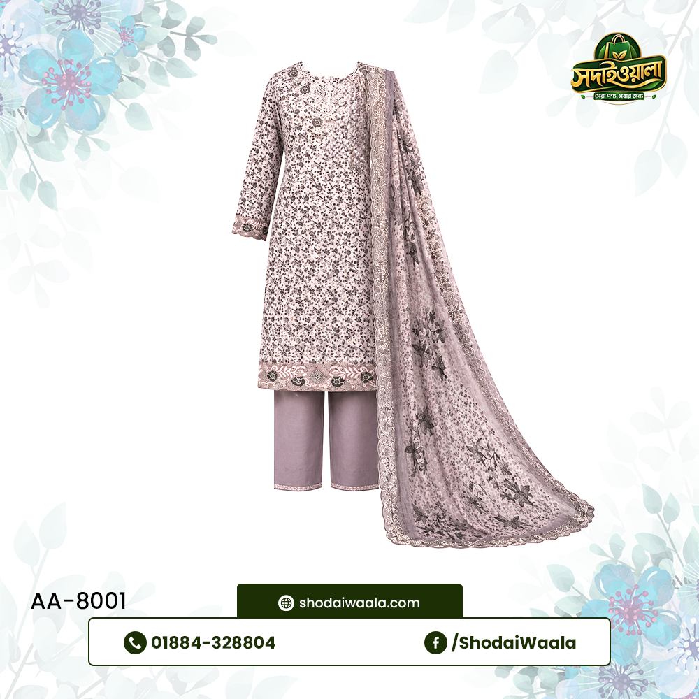 Ash Unstitched 3 Piece Set AA-8001 made from 100% Pure Soft Cotton with Digital Print and Hand Designed Embroidery by ShodaiWaala