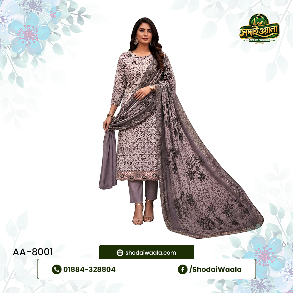 Ash Unstitched 3 Piece Set AA-8001 made from 100% Pure Soft Cotton with Digital Print and Hand Designed Embroidery by ShodaiWaala