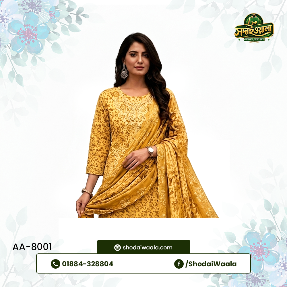 Yellow Unstitched 3 Piece Set AA-8001 made from 100% Pure Soft Cotton with Digital Print and Hand Designed Embroidery by ShodaiWaala