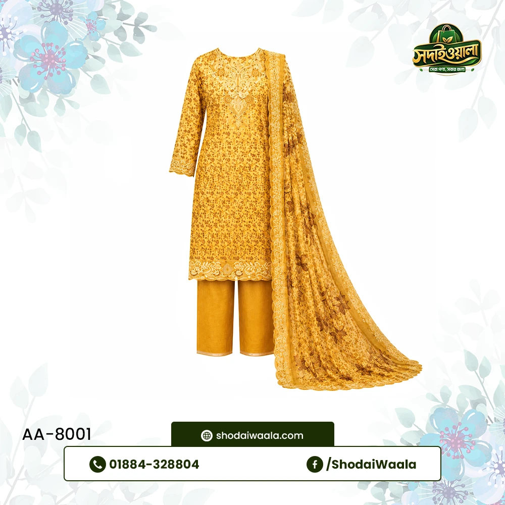 Yellow Unstitched 3 Piece Set AA-8001 made from 100% Pure Soft Cotton with Digital Print and Hand Designed Embroidery by ShodaiWaala