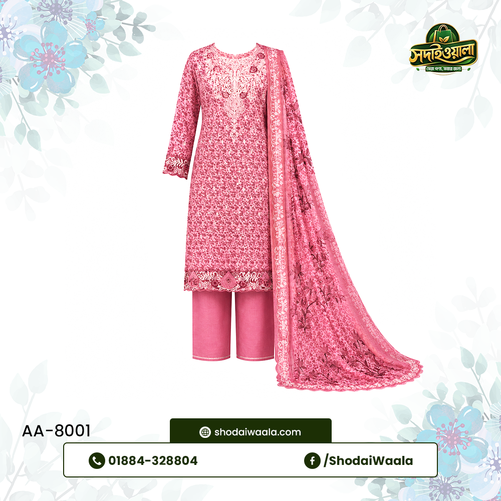 Hot Pink Unstitched 3 Piece Set AA-8001 made from 100% Pure Soft Cotton with Digital Print and Hand Designed Embroidery by ShodaiWaala