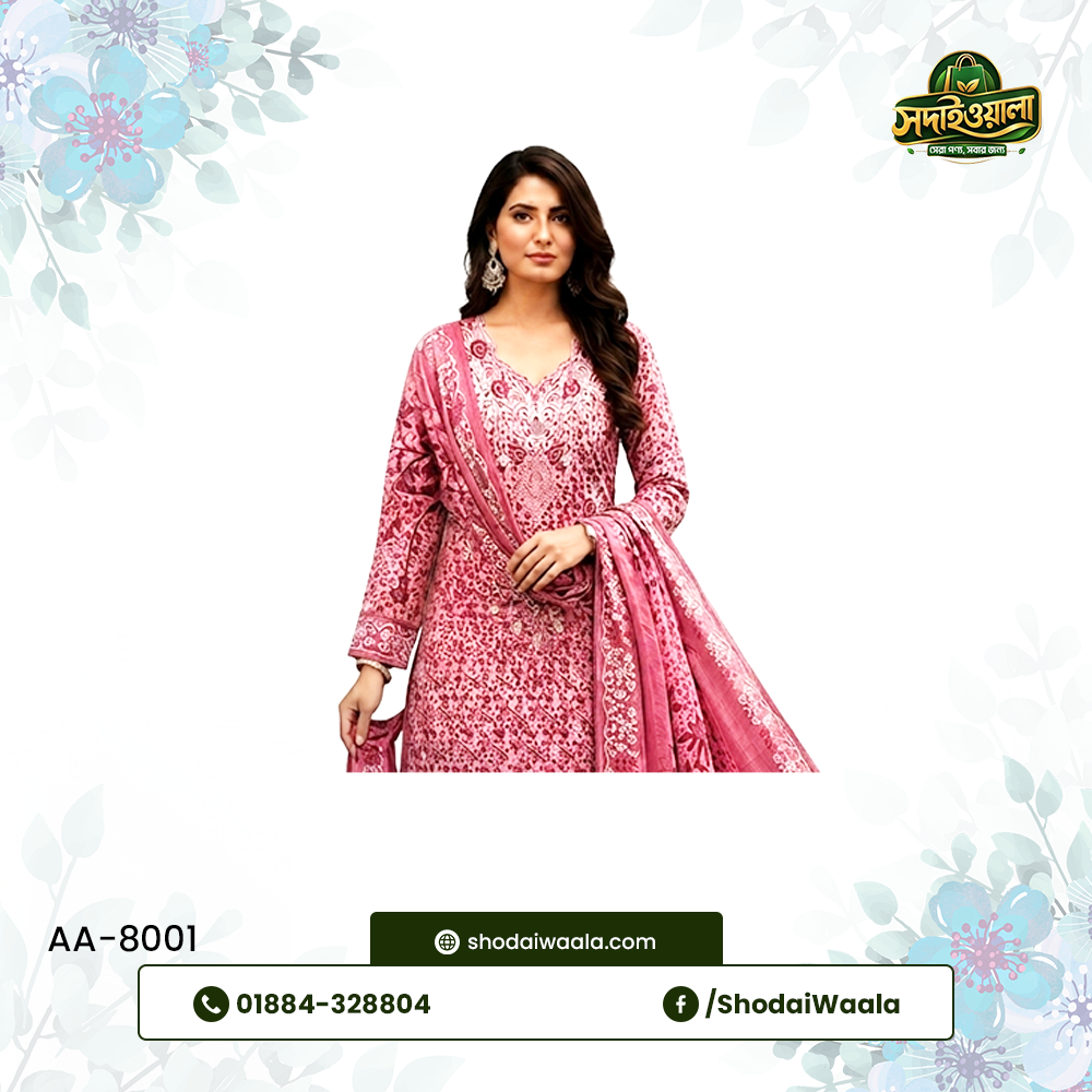 Hot Pink Unstitched 3 Piece Set AA-8001 made from 100% Pure Soft Cotton with Digital Print and Hand Designed Embroidery by ShodaiWaala