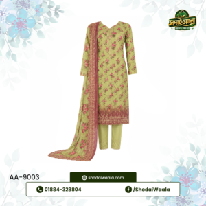 Green Unstitched 3 Piece Set AA-9003 made from 100% Pure Soft Cotton with Digital Print and Hand Designed Embroidery by ShodaiWaala