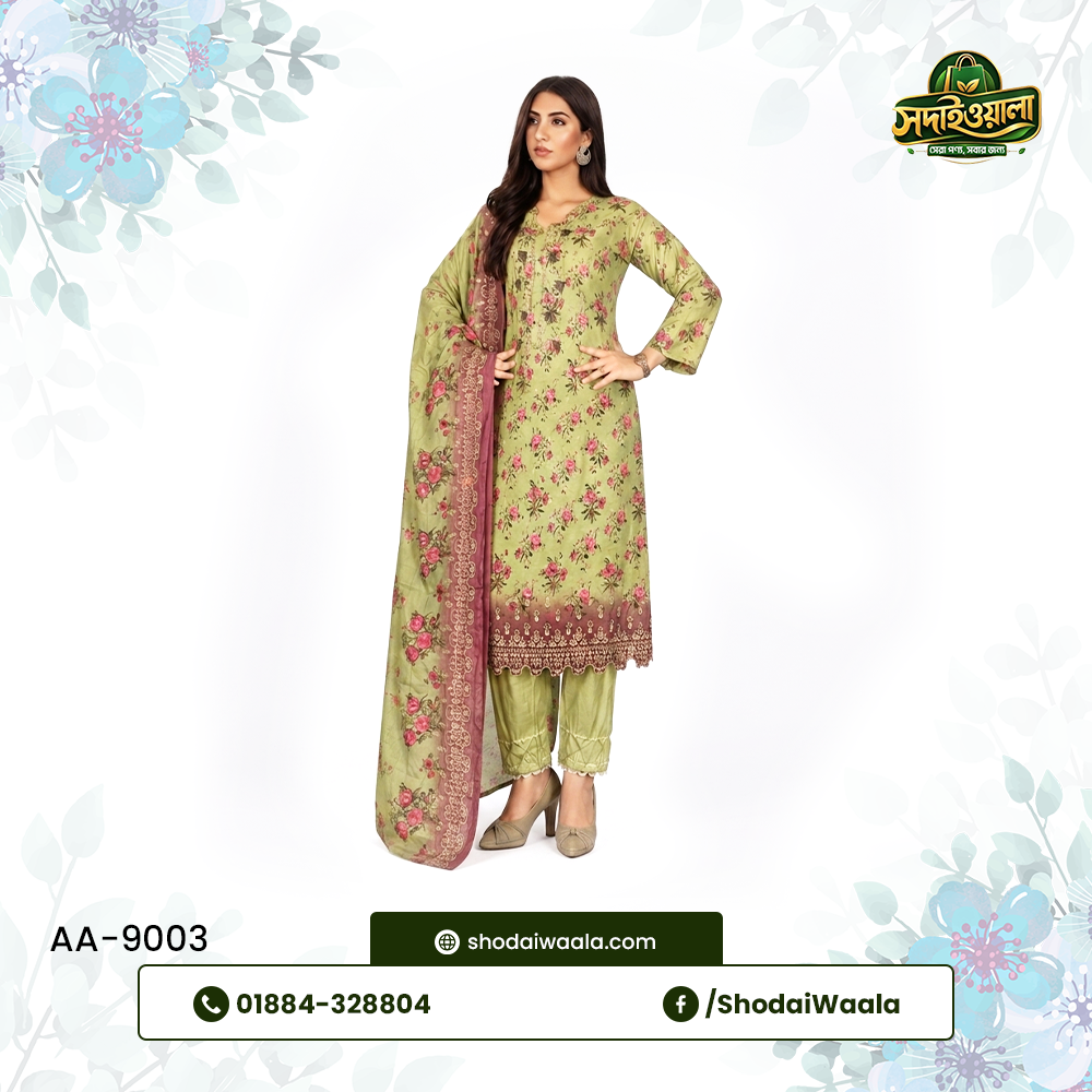 Green Unstitched 3 Piece Set AA-9003 made from 100% Pure Soft Cotton with Digital Print and Hand Designed Embroidery by ShodaiWaala