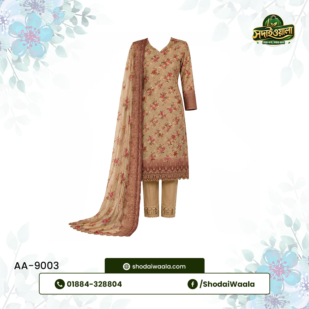Brown Unstitched 3 Piece Set AA-9003 made from 100% Pure Soft Cotton with Digital Print and Hand Designed Embroidery by ShodaiWaala