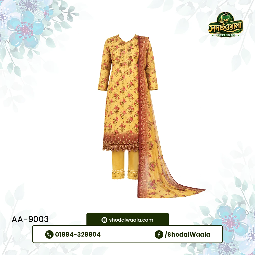 Yellow Unstitched 3 Piece Set AA-9003 made from 100% Pure Soft Cotton with Digital Print and Hand Designed Embroidery by ShodaiWaala