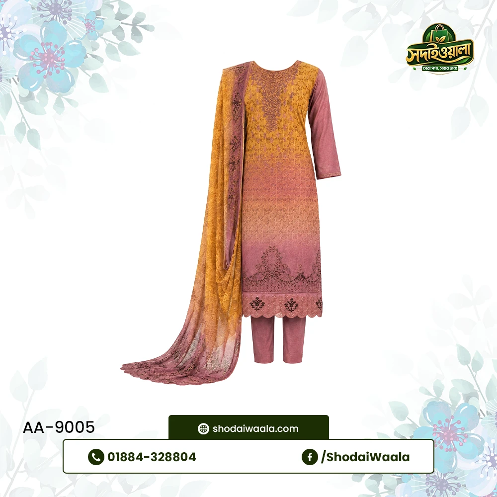 Violet Unstitched 3 Piece Set AA-9005 made from 100% Pure Soft Cotton with Digital Print and Hand Designed Embroidery by ShodaiWaala