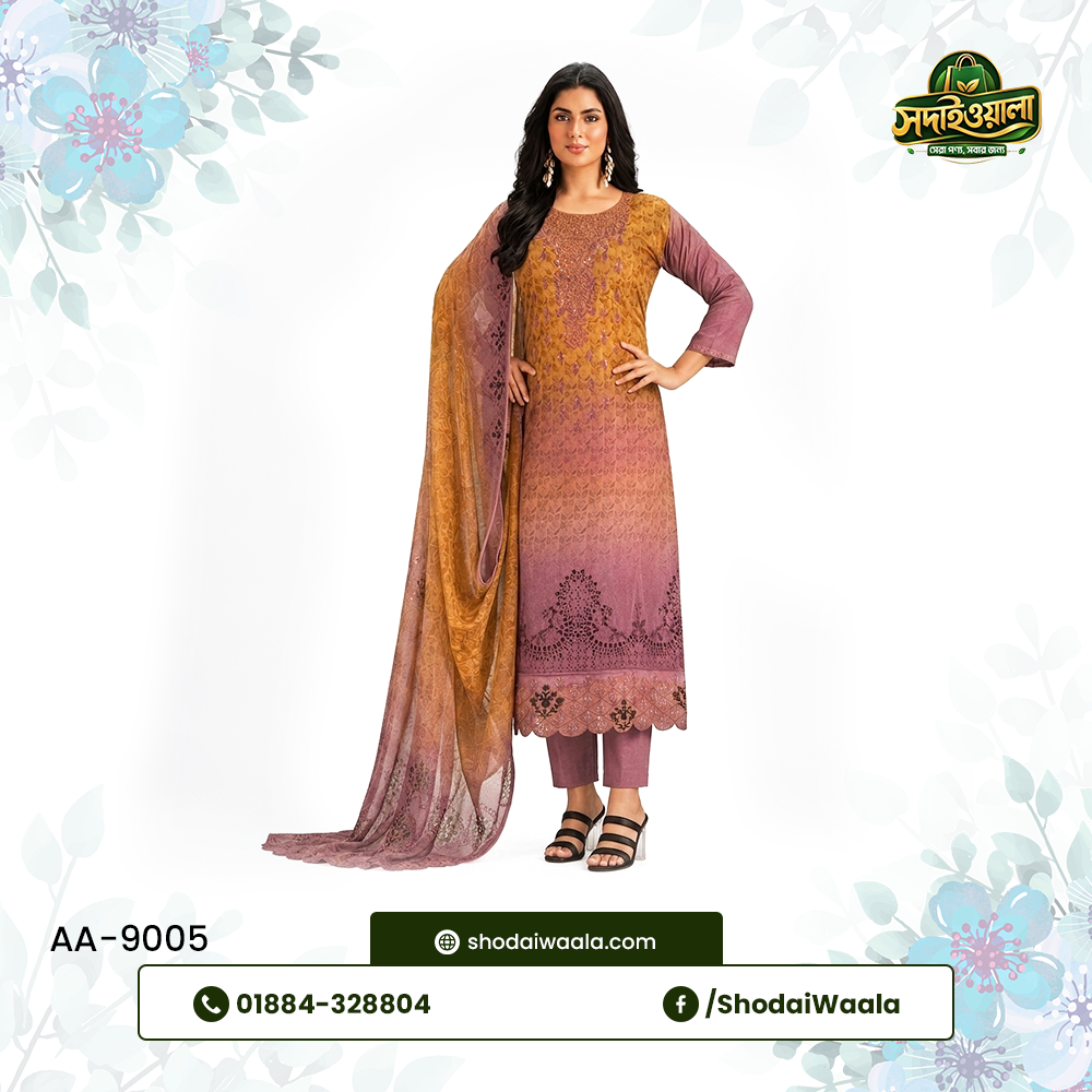 Violet Unstitched 3 Piece Set AA-9005 made from 100% Pure Soft Cotton with Digital Print and Hand Designed Embroidery by ShodaiWaala