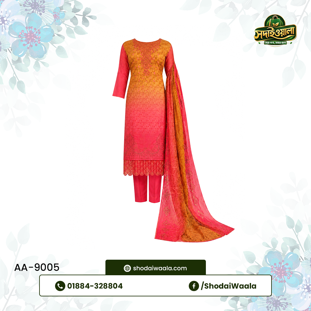 Red Unstitched 3 Piece Set AA-9005 made from 100% Pure Soft Cotton with Digital Print and Hand Designed Embroidery by ShodaiWaala