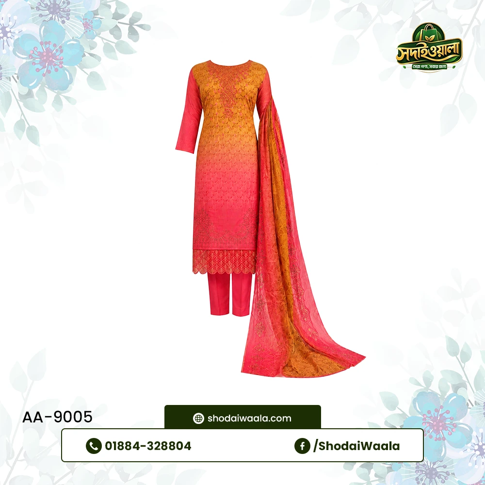 Red Unstitched 3 Piece Set AA-9005 made from 100% Pure Soft Cotton with Digital Print and Hand Designed Embroidery by ShodaiWaala