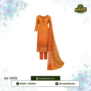 Brown Unstitched 3 Piece Set AA-9005 made from 100% Pure Soft Cotton with Digital Print and Hand Designed Embroidery by ShodaiWaala