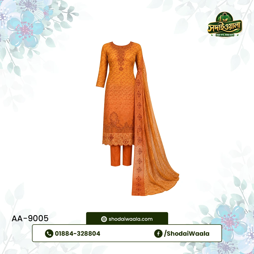Brown Unstitched 3 Piece Set AA-9005 made from 100% Pure Soft Cotton with Digital Print and Hand Designed Embroidery by ShodaiWaala