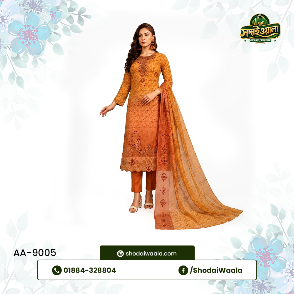 Brown Unstitched 3 Piece Set AA-9005 made from 100% Pure Soft Cotton with Digital Print and Hand Designed Embroidery by ShodaiWaala