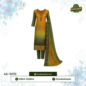 Green Unstitched 3 Piece Set AA-9005 made from 100% Pure Soft Cotton with Digital Print and Hand Designed Embroidery by ShodaiWaala