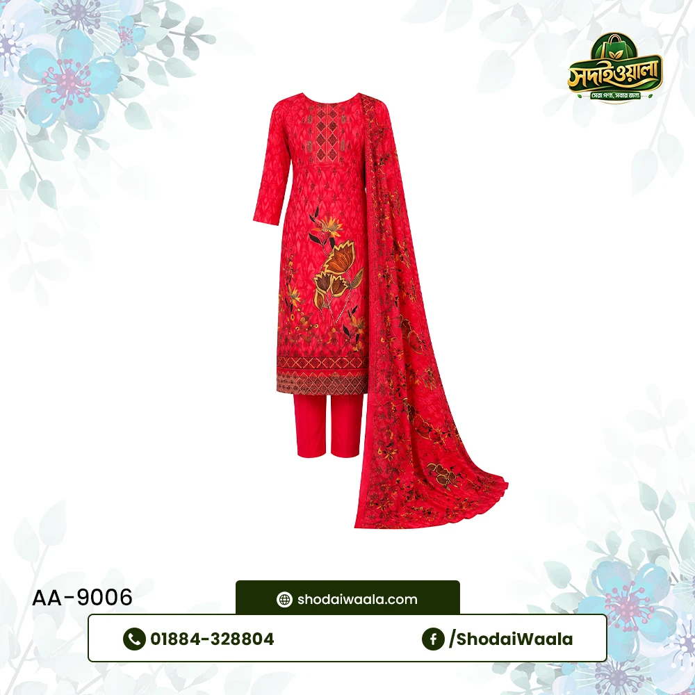 Red Unstitched 3 Piece Set AA-9006 made from 100% Pure Soft Cotton with Digital Print and Hand Designed Embroidery by ShodaiWaala