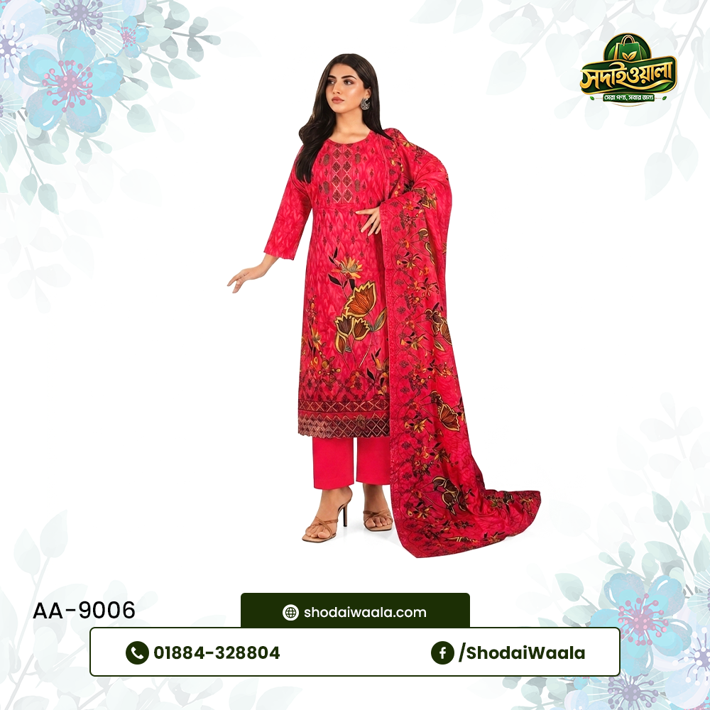 Red Unstitched 3 Piece Set AA-9006 made from 100% Pure Soft Cotton with Digital Print and Hand Designed Embroidery by ShodaiWaala