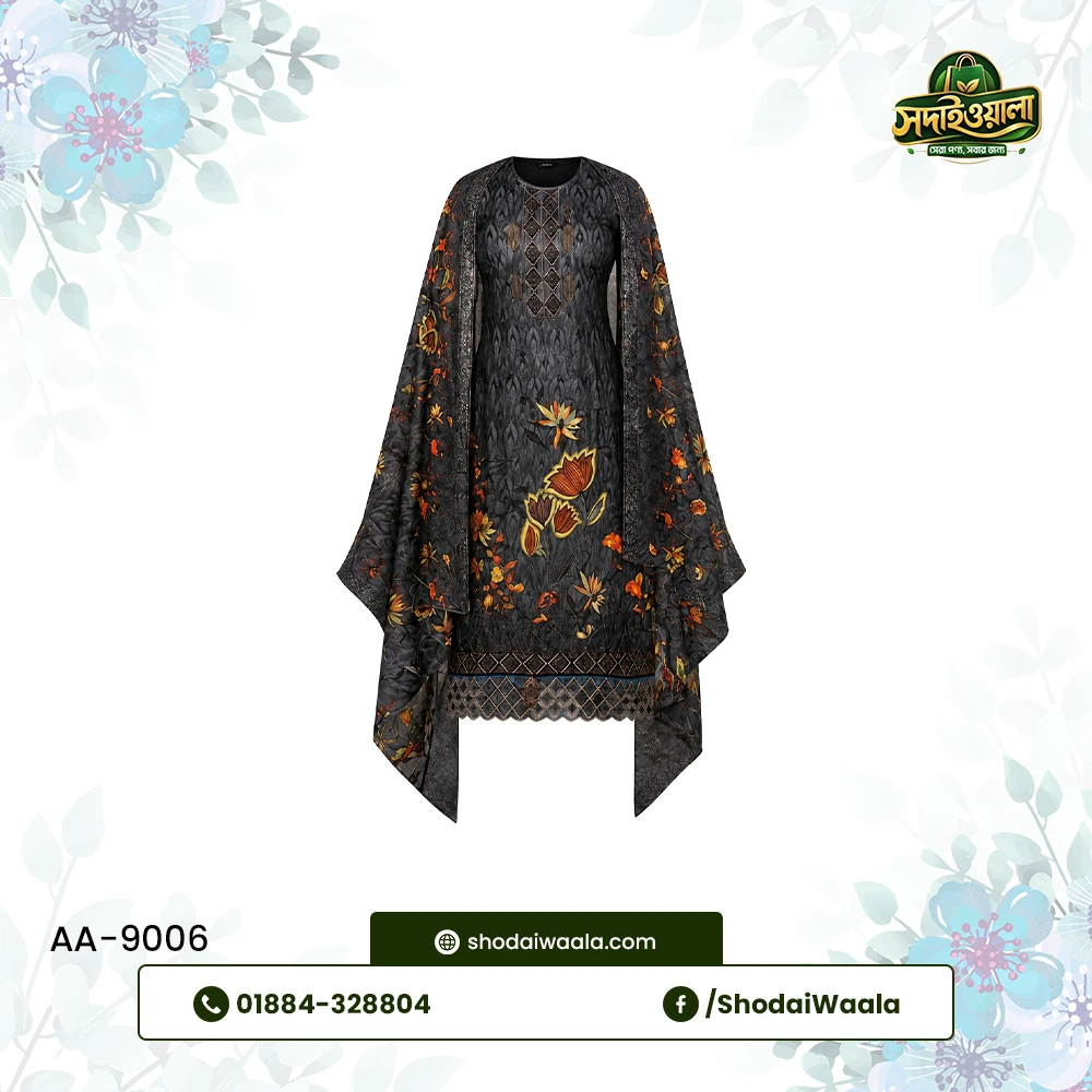 Black Unstitched 3 Piece Set AA-9006 made from 100% Pure Soft Cotton with Digital Print and Hand Designed Embroidery by ShodaiWaala