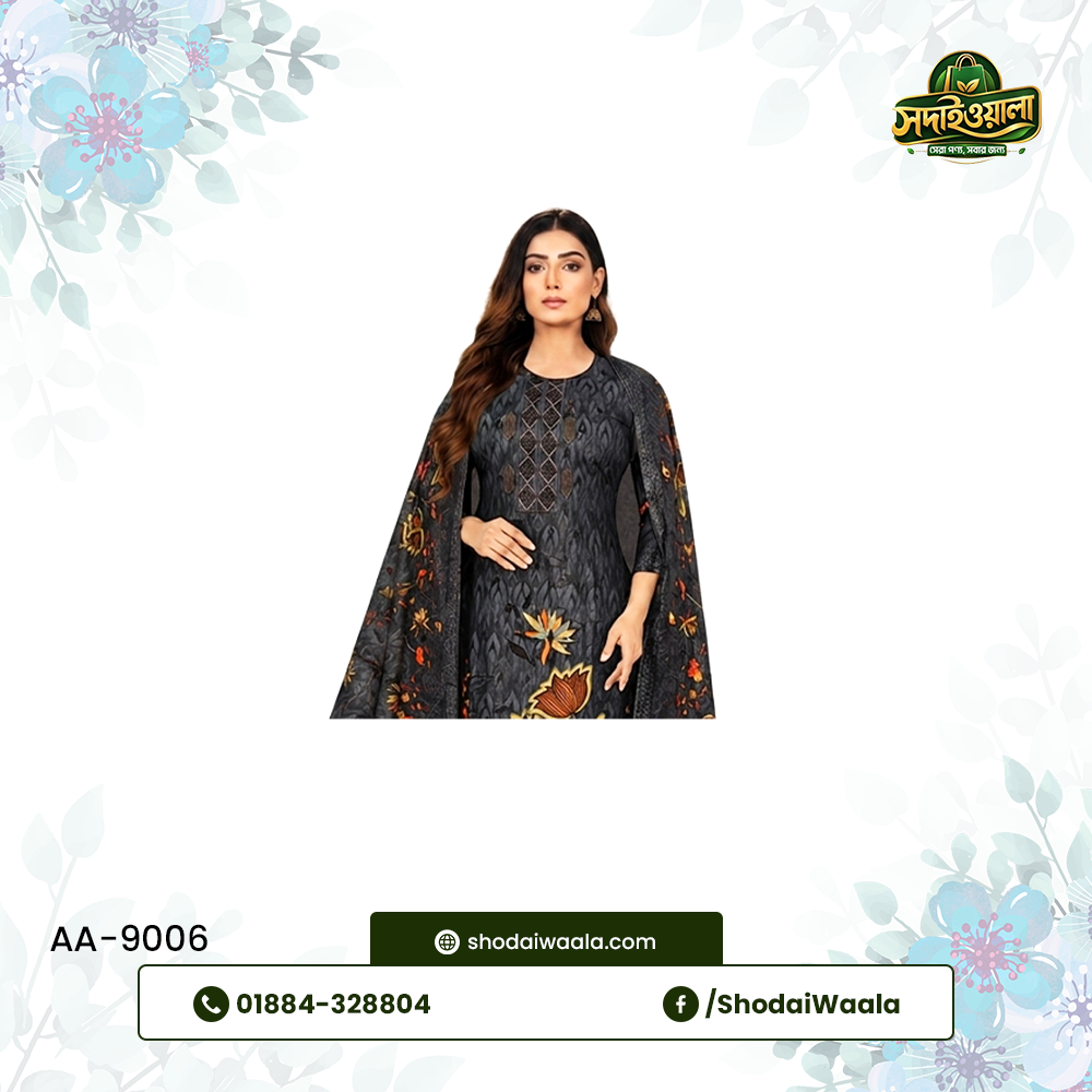 Black Unstitched 3 Piece Set AA-9006 made from 100% Pure Soft Cotton with Digital Print and Hand Designed Embroidery by ShodaiWaala
