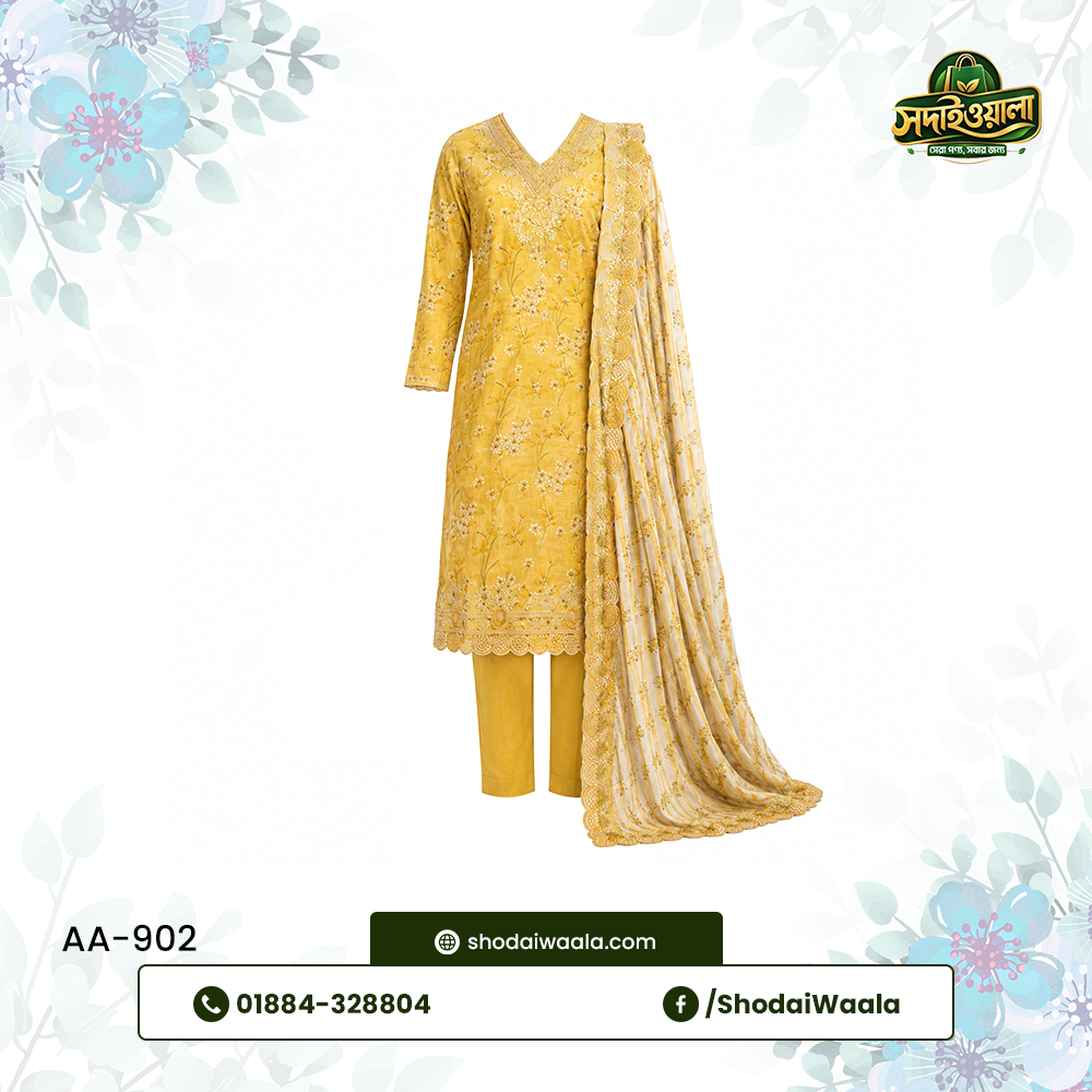 Yellow Unstitched 3 Piece Set AA-902 made from 100% Pure Soft Cotton with Digital Print and Hand Designed Embroidery by ShodaiWaala