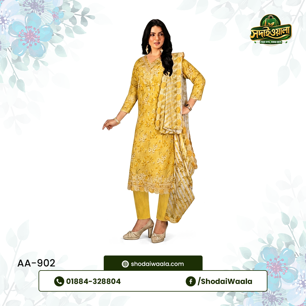 Yellow Unstitched 3 Piece Set AA-902 made from 100% Pure Soft Cotton with Digital Print and Hand Designed Embroidery by ShodaiWaala
